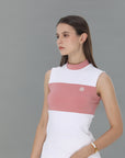 Stand Colloar Colorway Sleeveless Top  (White&Pink)