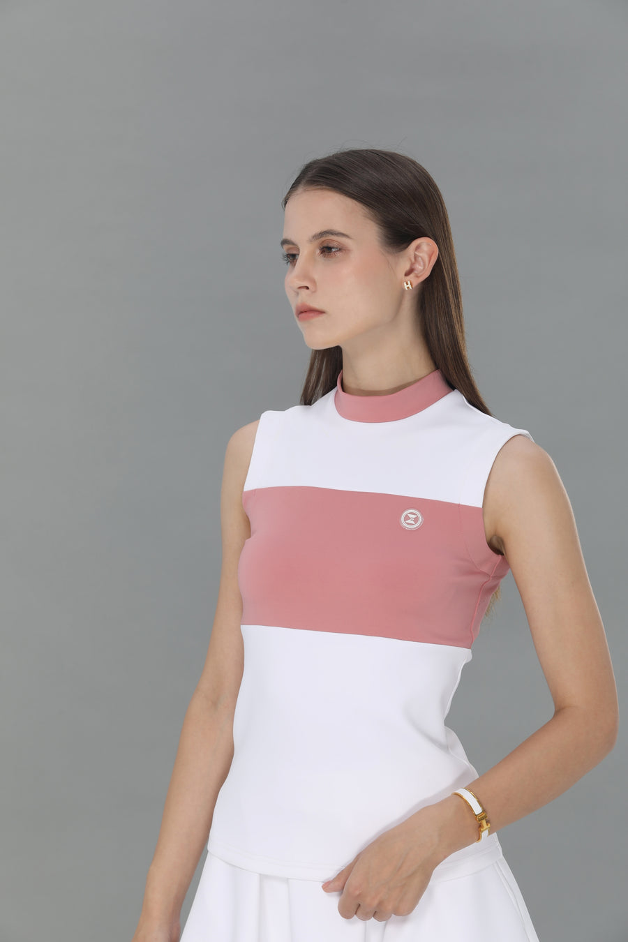 Stand Colloar Colorway Sleeveless Top  (White&Pink)