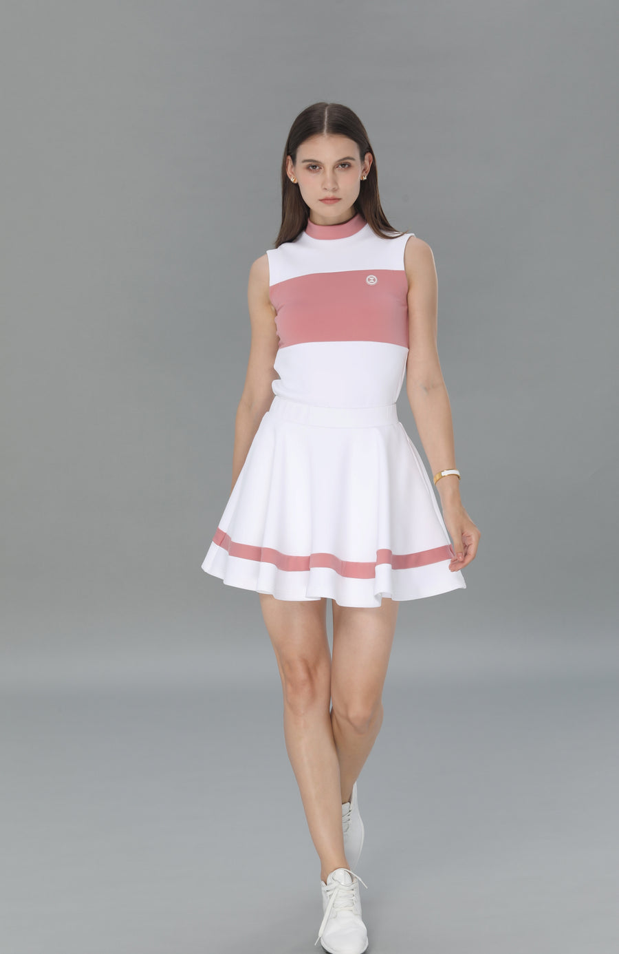 Stand Colloar Colorway Sleeveless Top  (White&Pink)