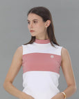 Stand Colloar Colorway Sleeveless Top  (White&Pink)