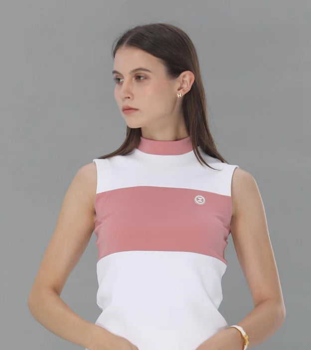 Stand Colloar Colorway Sleeveless Top  (White&Pink)