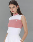 Stand Colloar Colorway Sleeveless Top  (White&Pink)