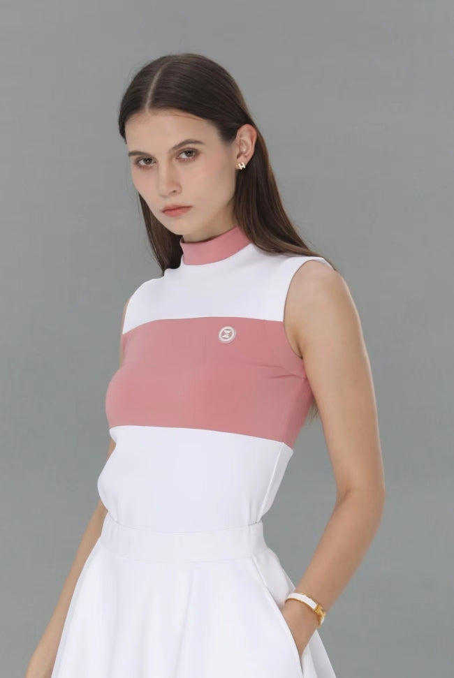 Stand Colloar Colorway Sleeveless Top  (White&Pink)